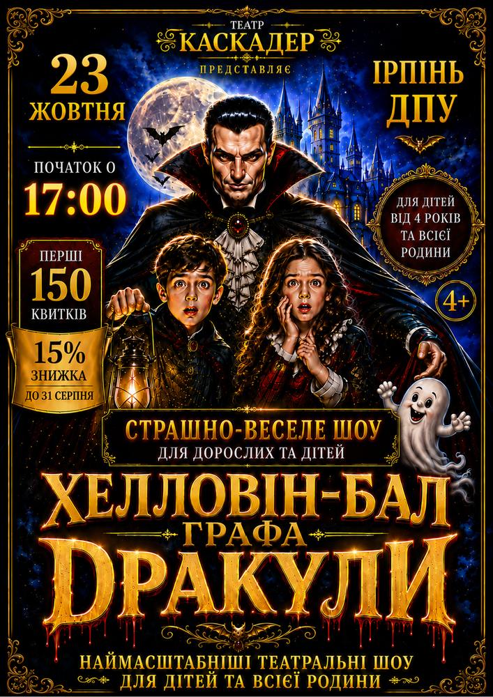 Придбати квиток на Страшно весела шоу-вистава «Хелловін-бал графа Дракули»: Страшно весела шоу-вистава «Хелловін-бал графа Дракули»  Ірпінь в Національний університет державної податкової служби України 