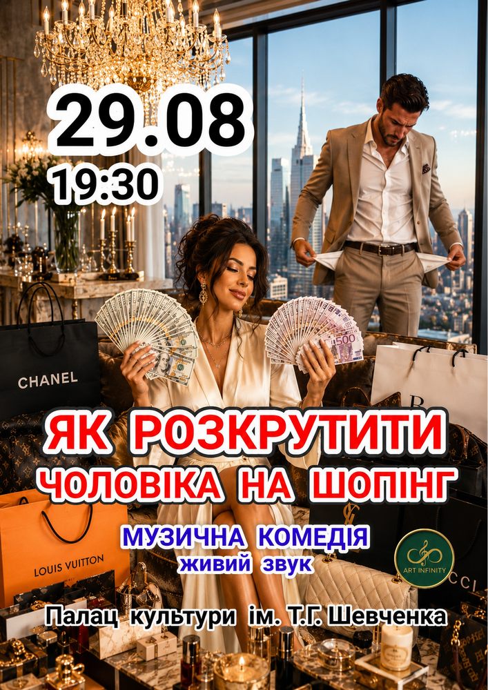 Придбати квиток на Музична комедія «Як розкрутити чоловіка на шопінг» в Палац культури ім. Т.Шевченка 